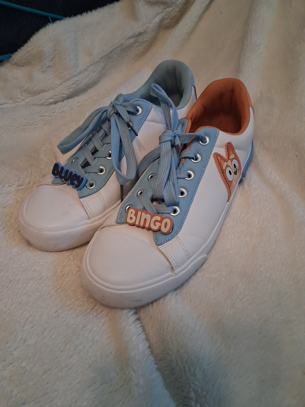 White and Light Blue Athletic Sneakers Size 8 with Orange Accents - Kids